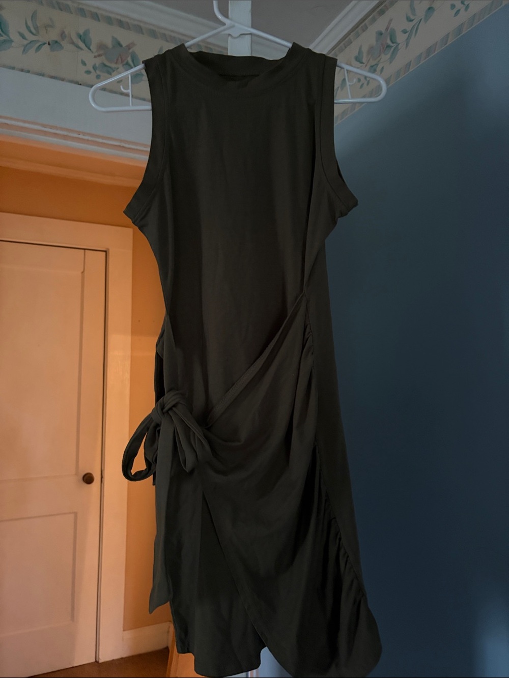 Sleeveless Olive Wrap Midi Dress with Side Tie